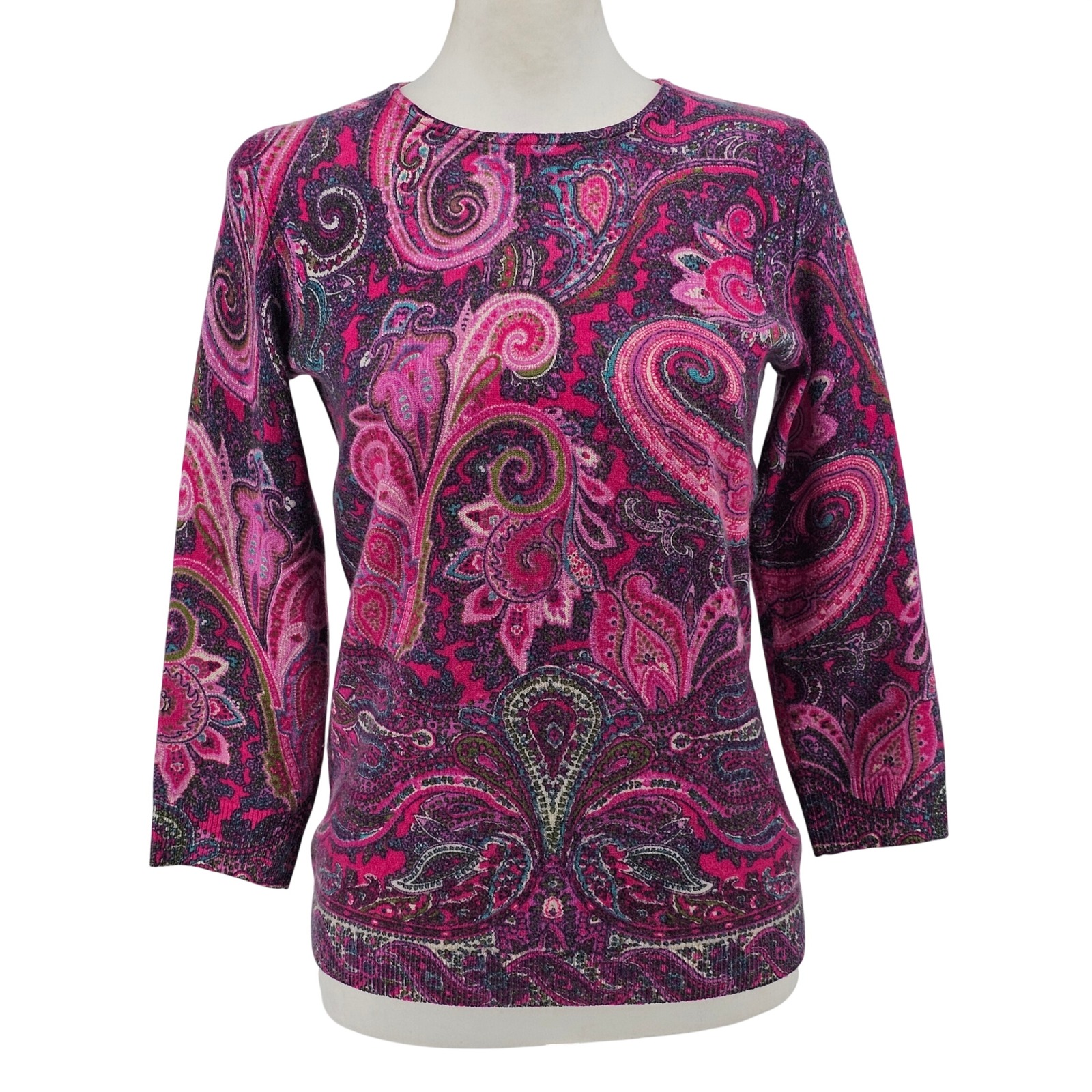 Talbots Cashmere Sweater Sp Pink Paisley Bohemian 3/4 Sleeve Button Neck Luxury